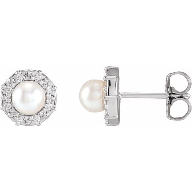 14K White Cultured White Akoya Pearl & .07 CTW Natural Diamond Halo-Style Earrings