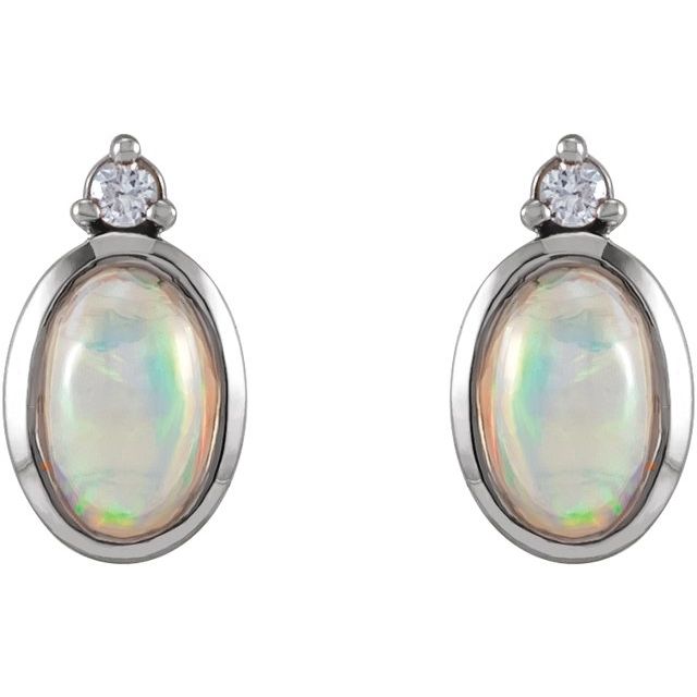 14K White Natural Ethiopian Opal & .03 CTW Natural Diamond Bezel-Set Earrings