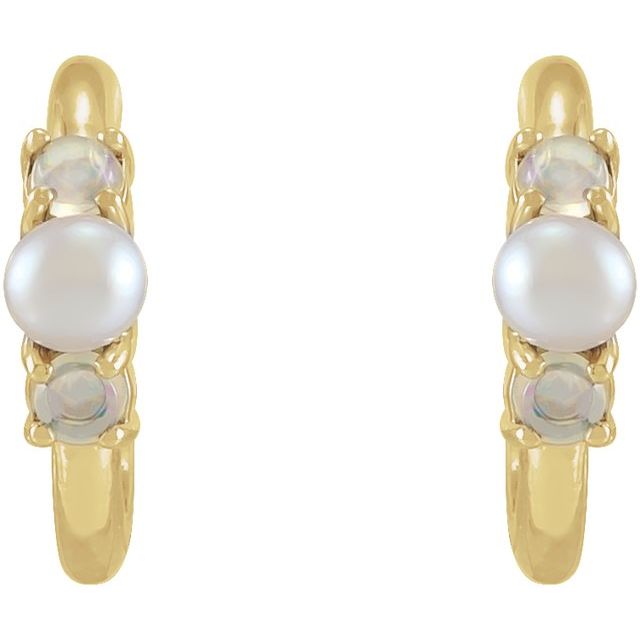 14K Yellow Cultured White Seed Pearl & Natural White Ethiopian Opal Huggie Earrings