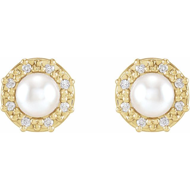 14K Yellow Cultured White Akoya Pearl & .07 CTW Natural Diamond Halo-Style Earrings