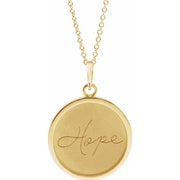 14K Yellow Hope Engraved Disc 16-18' Necklace