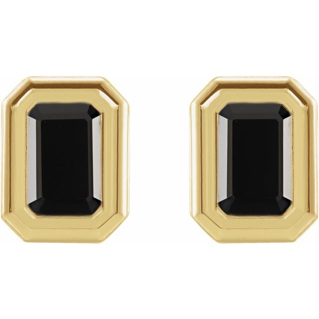 14K Yellow Natural Black Onyx Solitaire Earrings
