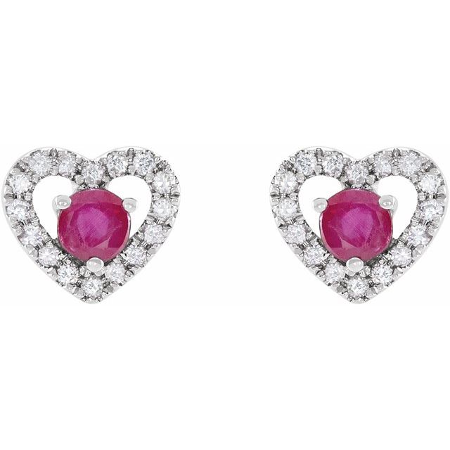 14K White Natural Ruby & 1/10 CTW Natural Diamond Heart Earrings