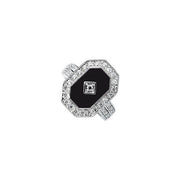 Sterling Silver Natural Black Onyx & Imitation White Cubic Zirconia Halo-Style Ring