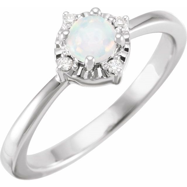 14K White Lab-Grown White Opal & .04 CTW Natural Diamond Halo-Style Ring