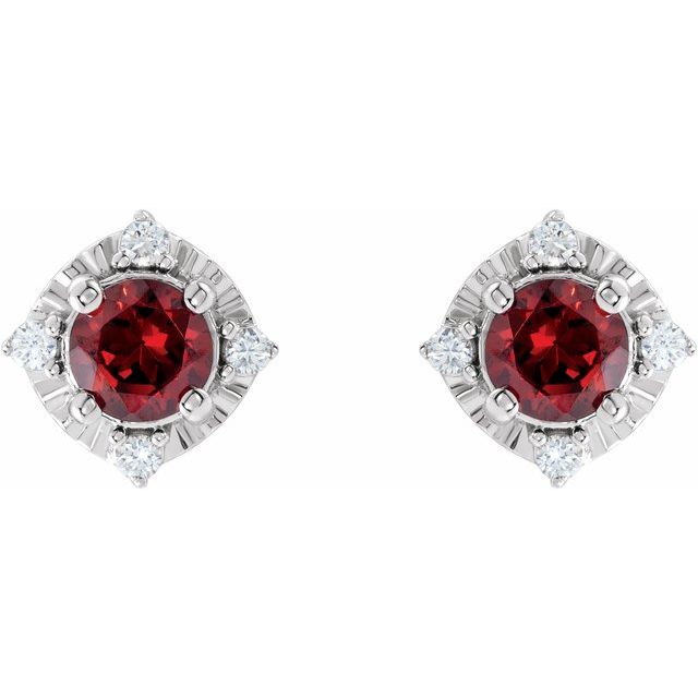 Sterling Silver Natural Mozambique Garnet & .08 CTW Natural Diamond Halo-Style Earrings