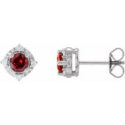 Sterling Silver Natural Mozambique Garnet & .08 CTW Natural Diamond Halo-Style Earrings