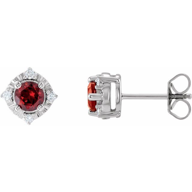 Sterling Silver Natural Mozambique Garnet & .08 CTW Natural Diamond Halo-Style Earrings