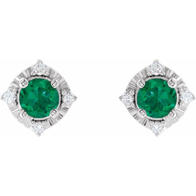 Sterling Silver Lab-Grown Emerald & .08 CTW Natural Diamond Halo-Style Earrings