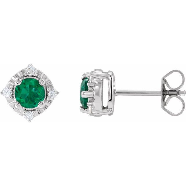 Sterling Silver Lab-Grown Emerald & .08 CTW Natural Diamond Halo-Style Earrings