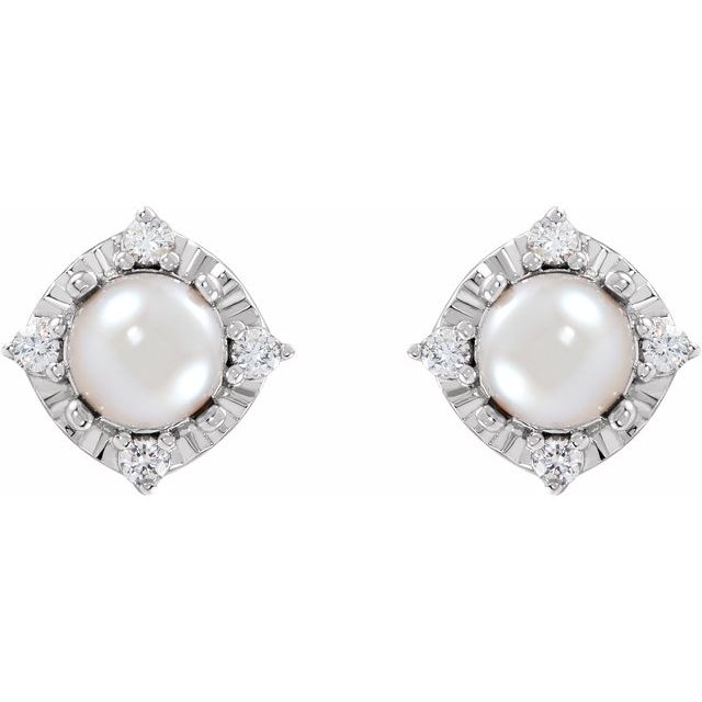 Sterling Silver Cultured White Freshwater Pearl & .08 CTW Natural Diamond Halo-Style Earrings