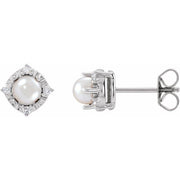 Sterling Silver Cultured White Freshwater Pearl & .08 CTW Natural Diamond Halo-Style Earrings