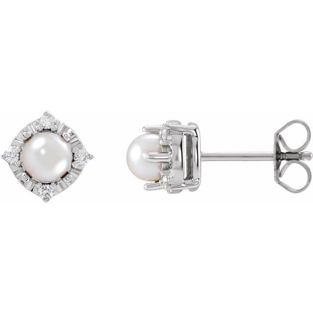 Sterling Silver Cultured White Freshwater Pearl & .08 CTW Natural Diamond Halo-Style Earrings