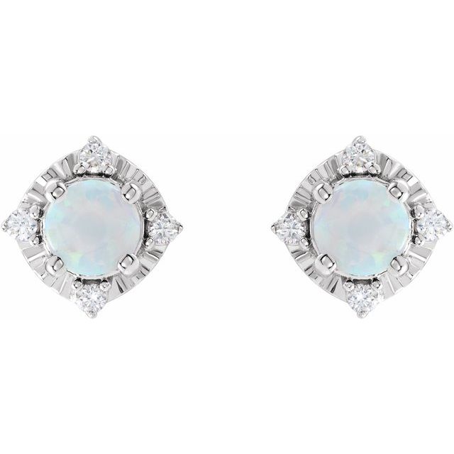 14K White Lab-Grown White Opal & .08 CTW Natural Diamond Halo-Style Earrings