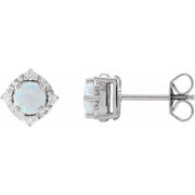 14K White Lab-Grown White Opal & .08 CTW Natural Diamond Halo-Style Earrings