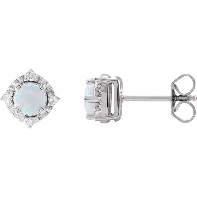 14K White Lab-Grown White Opal & .08 CTW Natural Diamond Halo-Style Earrings