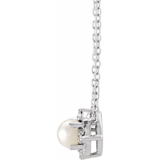 14k White Cultured White Freshwater Pearl & .04 Ctw Natural Diamond Halo-style 18' Necklace