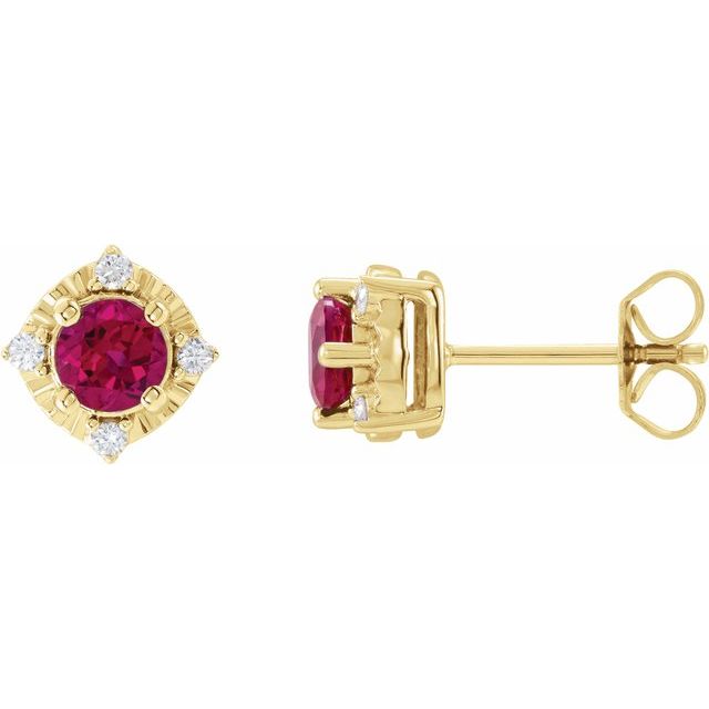14K Yellow Lab-Grown Ruby & .08 CTW Natural Diamond Halo-Style Earrings