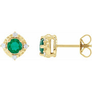 14K Yellow Lab-Grown Emerald & .08 CTW Natural Diamond Halo-Style Earrings