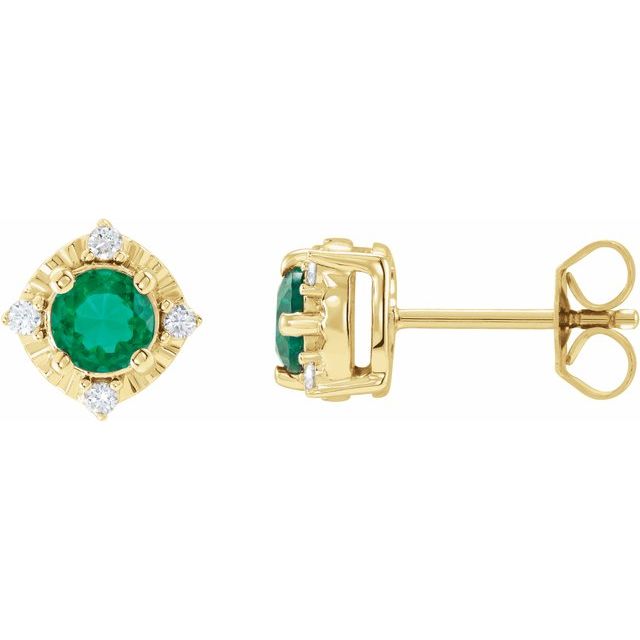 14K Yellow Lab-Grown Emerald & .08 CTW Natural Diamond Halo-Style Earrings