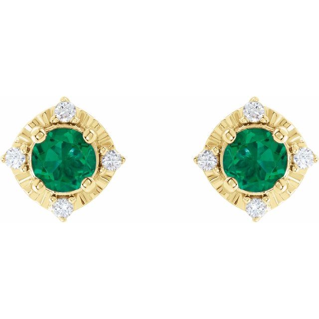 14K Yellow Lab-Grown Emerald & .08 CTW Natural Diamond Halo-Style Earrings