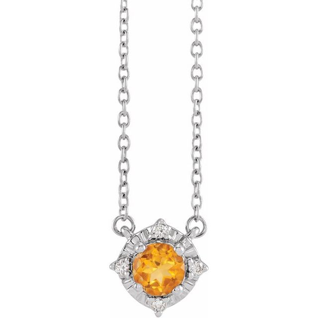 Sterling Silver Natural Citrine & .04 CTW Natural Diamond Halo-Style 18' Necklace