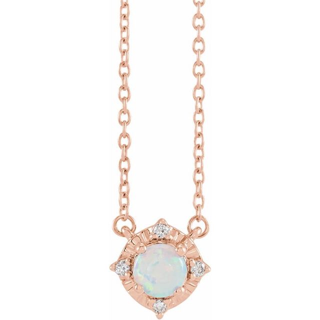 14K Rose Lab-Grown White Opal & .04 CTW Natural Diamond Halo-Style 18' Necklace