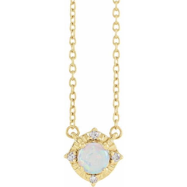 14K Yellow Lab-Grown White Opal & .04 CTW Natural Diamond Halo-Style 18' Necklace