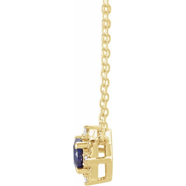 14K Yellow Lab-Grown Blue Sapphire & .04 CTW Natural Diamond Halo-Style 18' Necklace