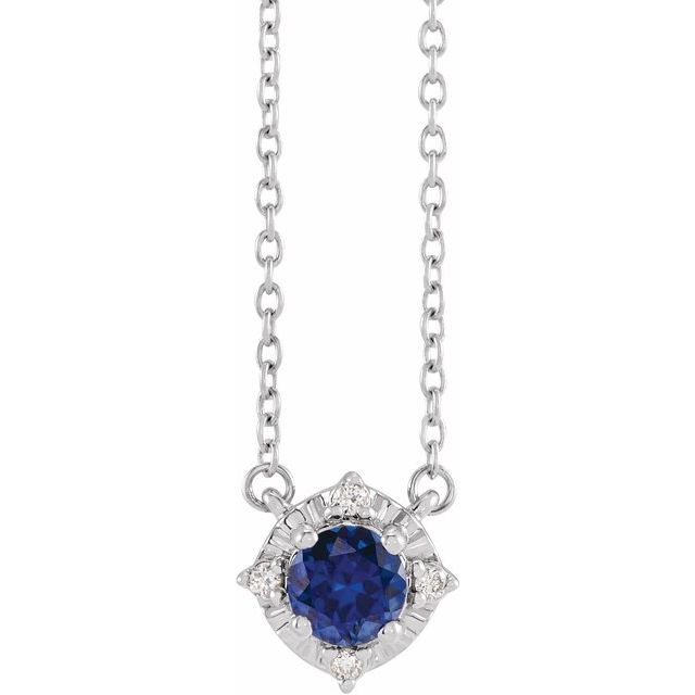 Sterling Silver Lab-Grown Blue Sapphire & .04 CTW Natural Diamond Halo-Style 18' Necklace