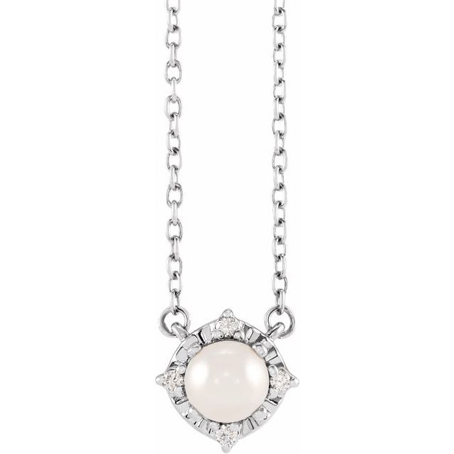 14k White Cultured White Freshwater Pearl & .04 Ctw Natural Diamond Halo-style 18' Necklace