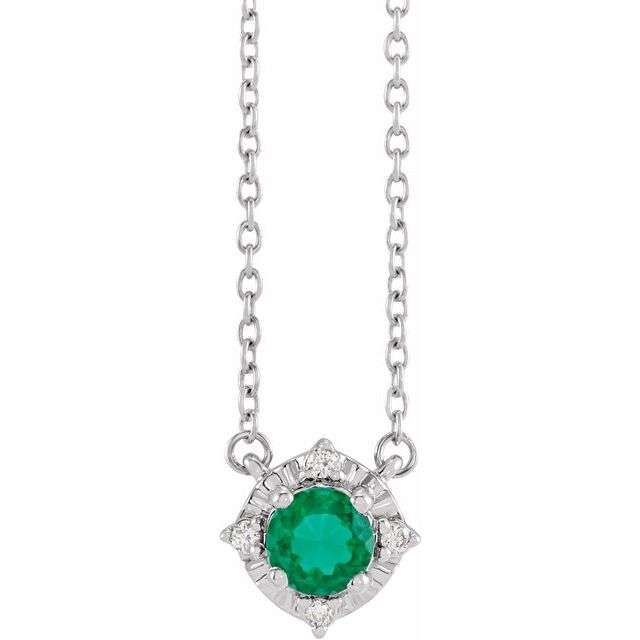 Sterling Silver Lab-Grown Emerald & .04 CTW Natural Diamond Halo-Style 18' Necklace