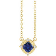14K Yellow Lab-Grown Blue Sapphire & .04 CTW Natural Diamond Halo-Style 18' Necklace