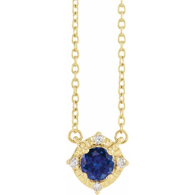 14K Yellow Lab-Grown Blue Sapphire & .04 CTW Natural Diamond Halo-Style 18' Necklace