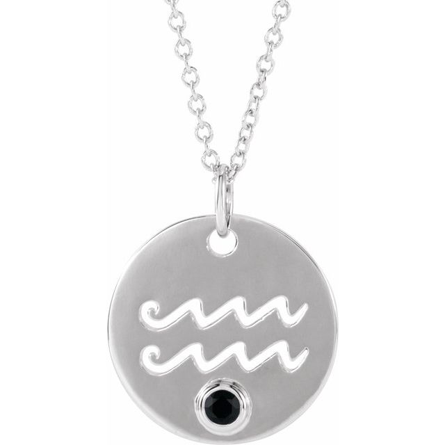 Sterling Silver Natural Black Spinel Aquarius Zodiac 16-18' Necklace