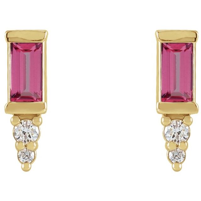 14K Yellow Natural Pink Tourmaline & .03 CTW Natural Diamond Bar Earrings