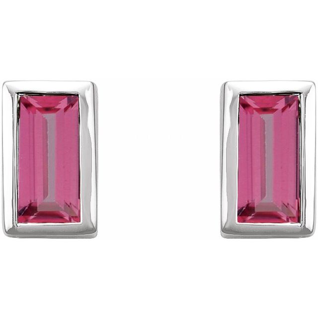 14K White Natural Pink Tourmaline Bezel-Set Earrings