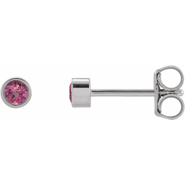 14K White 2.5 mm Round Natural Pink Tourmaline Micro Bezel Single Stud Earring