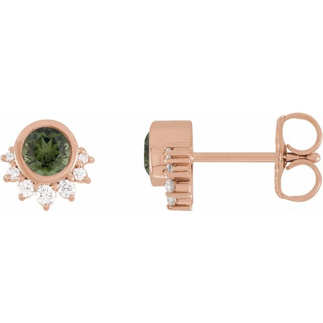 14K Rose Natural Green Tourmaline & .08 CTW Natural Diamond Earrings