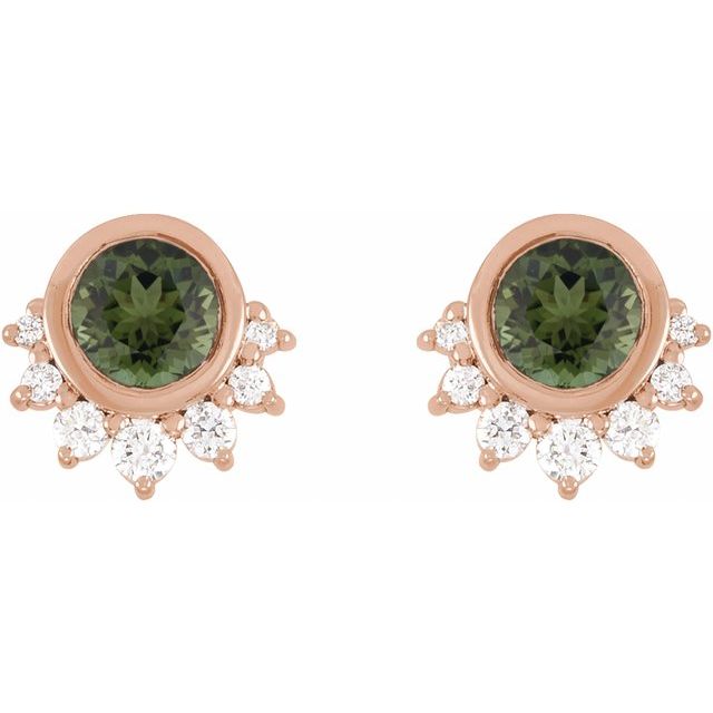 14K Rose Natural Green Tourmaline & .08 CTW Natural Diamond Earrings