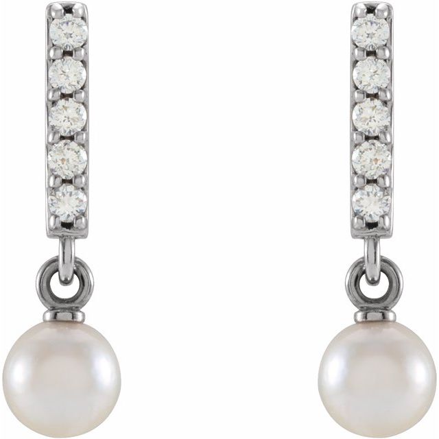 14K White Cultured Akoya Pearl & .03 CTW Natural Diamond Bar Earrings