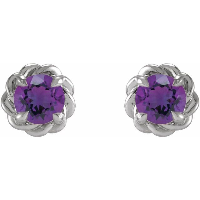 14K White 3 mm Natural Amethyst Claw-Prong Rope Earrings