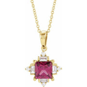 14K Yellow Natural Rhodolite Garnet & 1/5 CTW Natural Diamond Geometric 16-18' Necklace