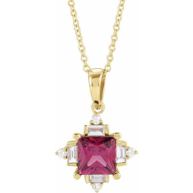 14K Yellow Natural Rhodolite Garnet & 1/5 CTW Natural Diamond Geometric 16-18' Necklace