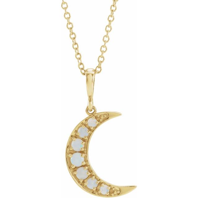 14K Yellow Natural White Opal Cabochon Crescent Moon 16-18' Necklace