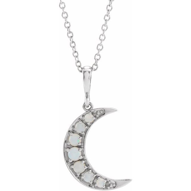 Sterling Silver Natural White Opal Cabochon Crescent Moon 16-18' Necklace