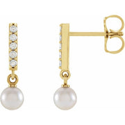 14k Yellow Cultured Akoya Pearl & .03 Ctw Natural Diamond Bar Earrings