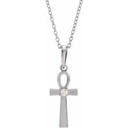 14K White .03 CT Natural Diamond Ankh Cross 16-18' Necklace