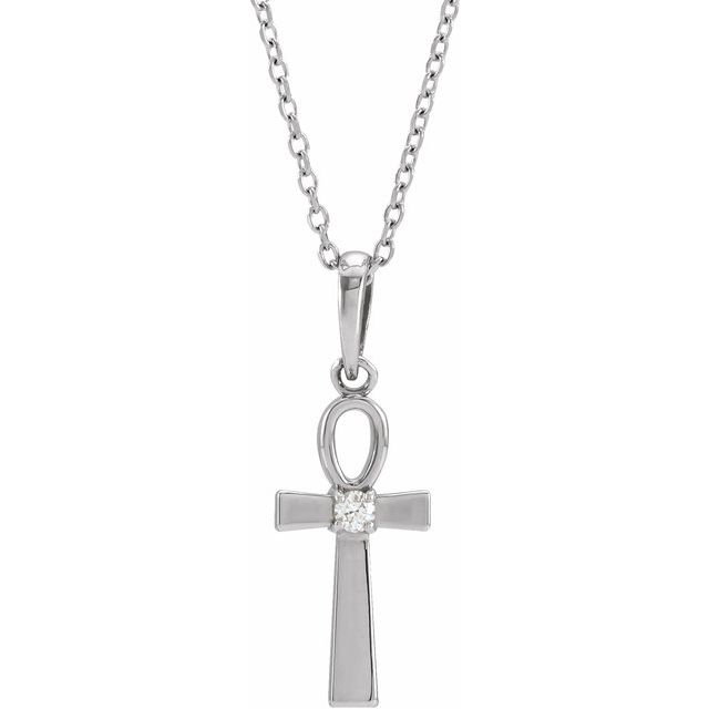 14K White .03 CT Natural Diamond Ankh Cross 16-18' Necklace