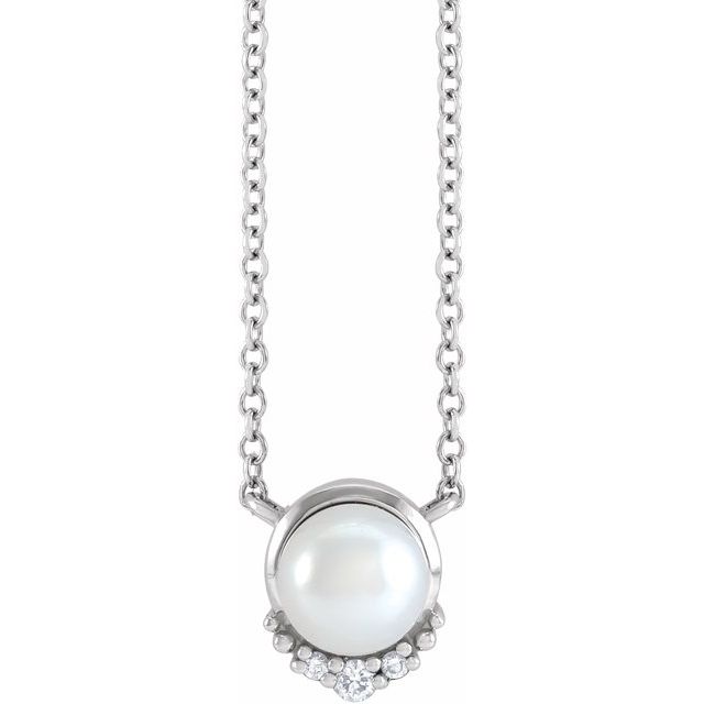 14K White Cultured White Akoya Pearl & .025 CTW Natural Diamond 18' Necklace
